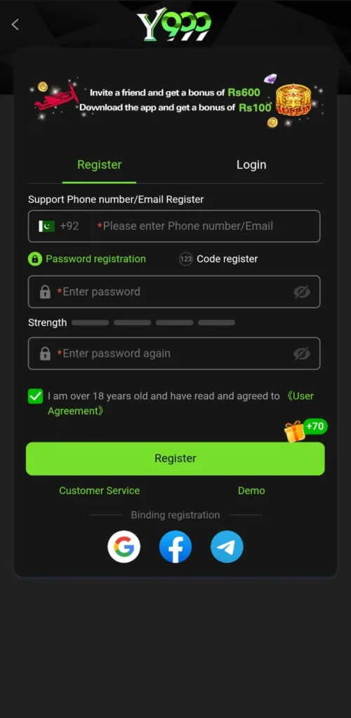 Register on Y999 Game